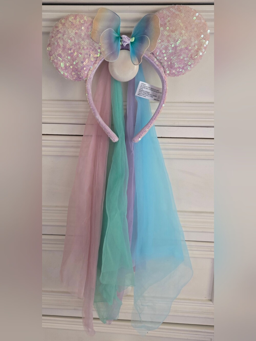 Disney Parks Sequin Minnie Ears Headband with Pastel Rainbow Tulle Streamers